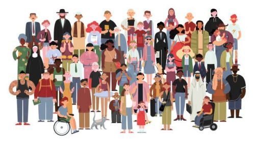 Illustration of diverse people against white backdrop.