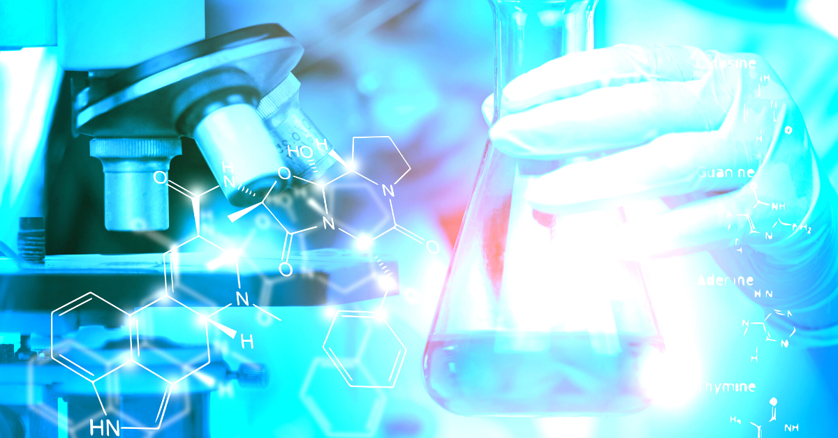 Blue-tinted photograph of a microscope and a beaker held by a gloved hand.