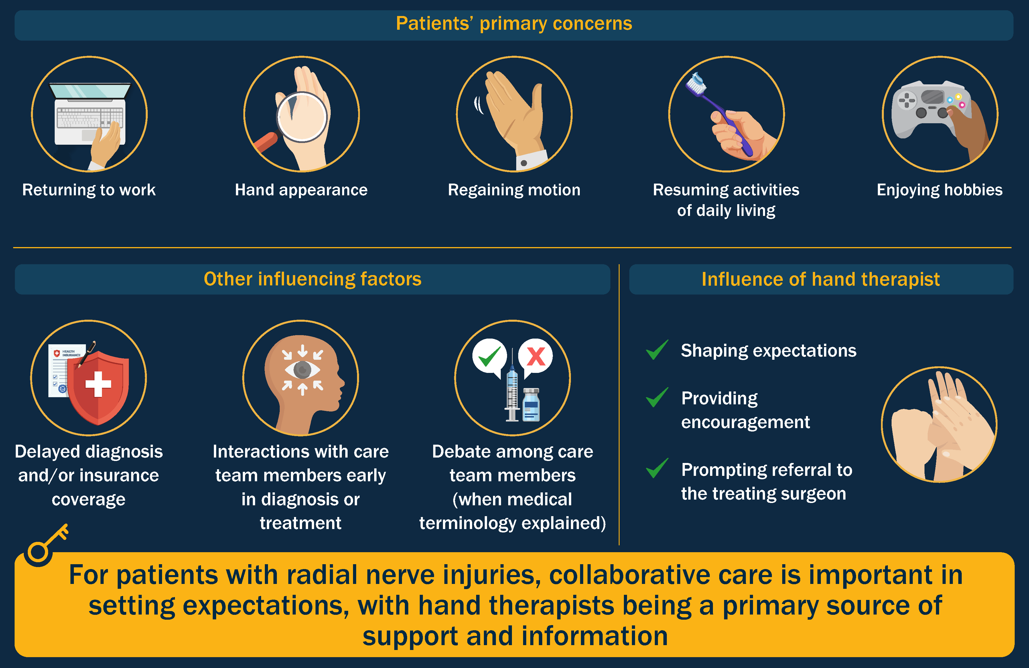 Infographic depicting aspects of collaborative care in the management of radial nerve injuries.