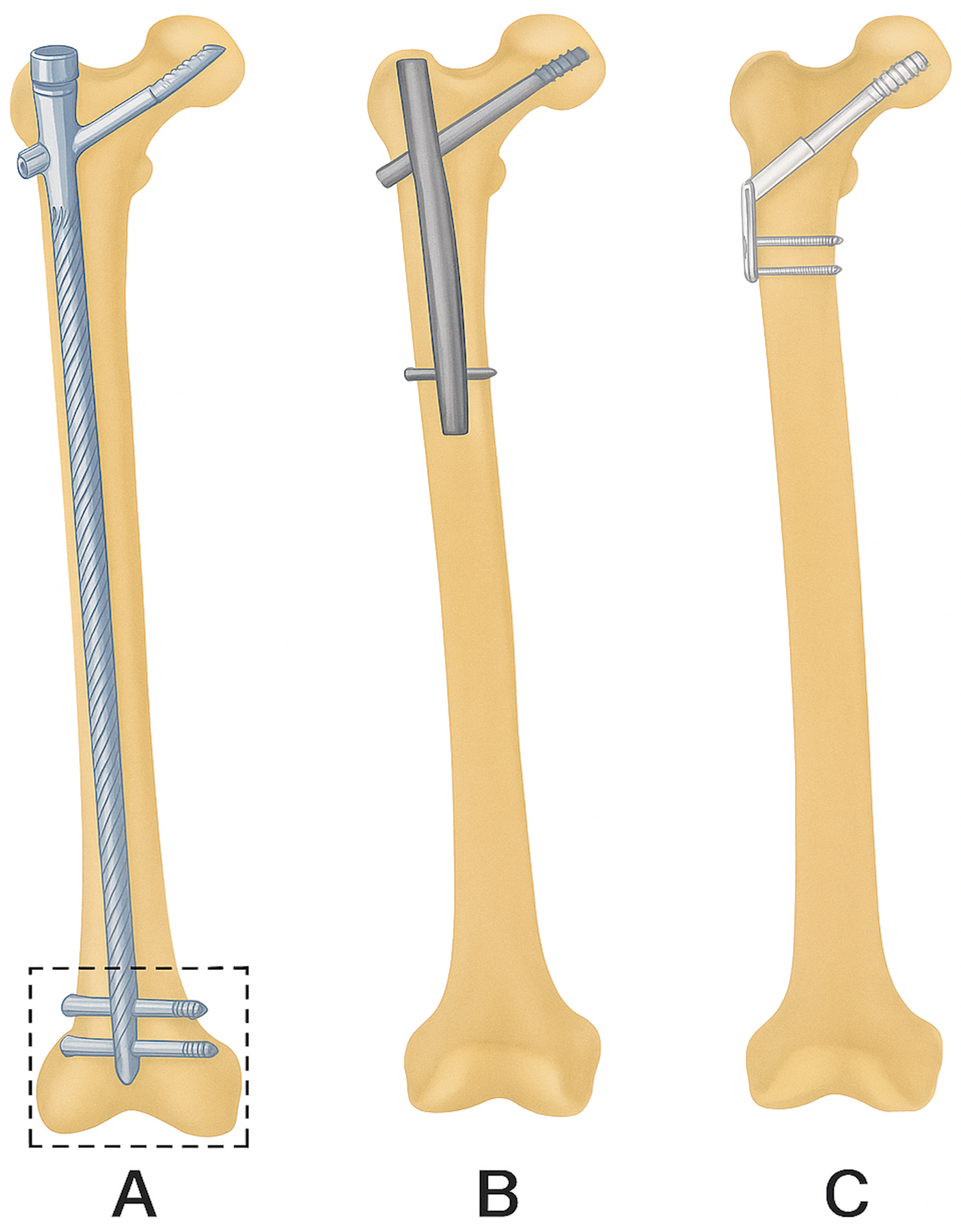 Illustration of categories of fixation are depicted as spanning nail fixation, non-spanning nail fixation, and non-spanning plate fixation.