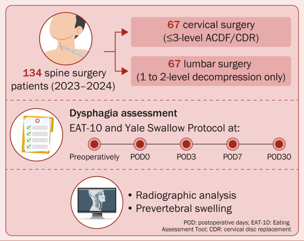 Visual abstract describing cervical spine surgery cohort and measured outcomes.